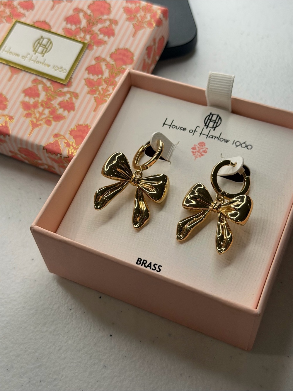 House of Harlow 1960 Shiny Gold Bow Drop Hoop Earrings